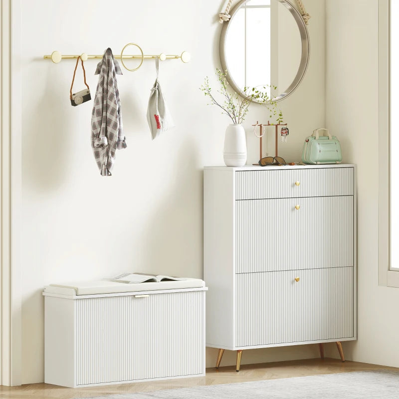 Entryway Bench with Padded Seat and Flip-Drawers, Holds up to 265lbs, Shoe Storage Bench for 8 Pairs of Shoes, White