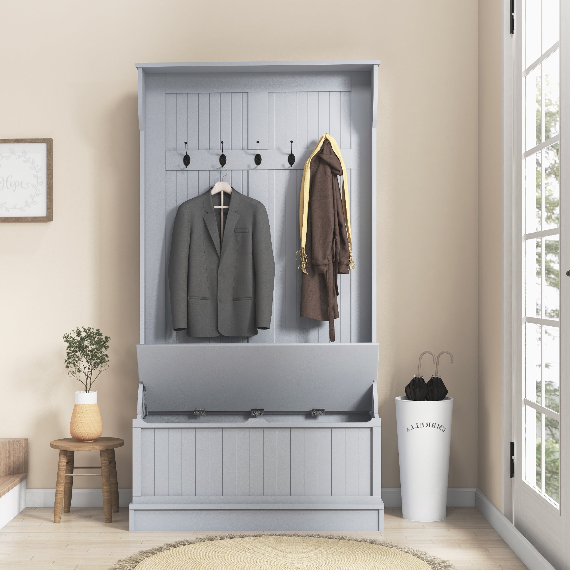 HOMCOM Modern 3-In-1 Entryway Hall Tree with Coat Rack, Bench and Shoe Storage, 5 Hooks for Hallway, Living Room, Grey 