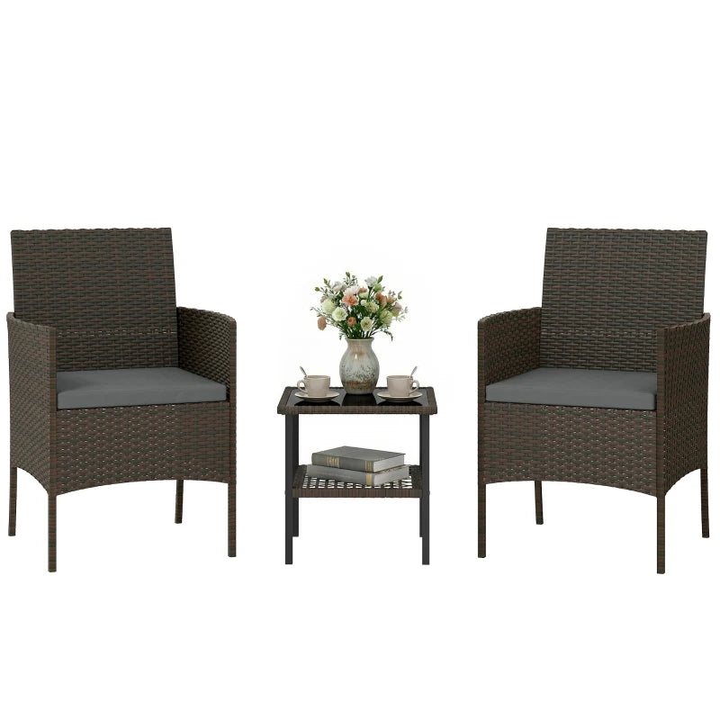 Wicker Bistro Set, 3 Piece Patio Furniture Set with 2-Tier Glass Top Table, Cushions for Balcony, Porch, Dark Grey