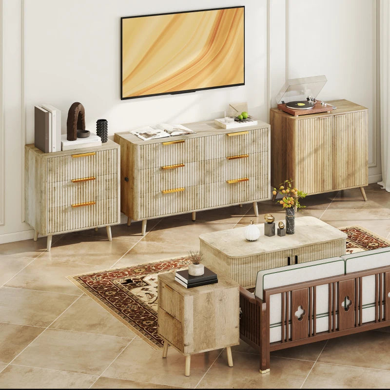 Fluted Chest of Drawers, Modern 6 Drawer Dresser with Pine Wood Legs, Finger Pulls for Closet, Living Room, Hallway, Oak