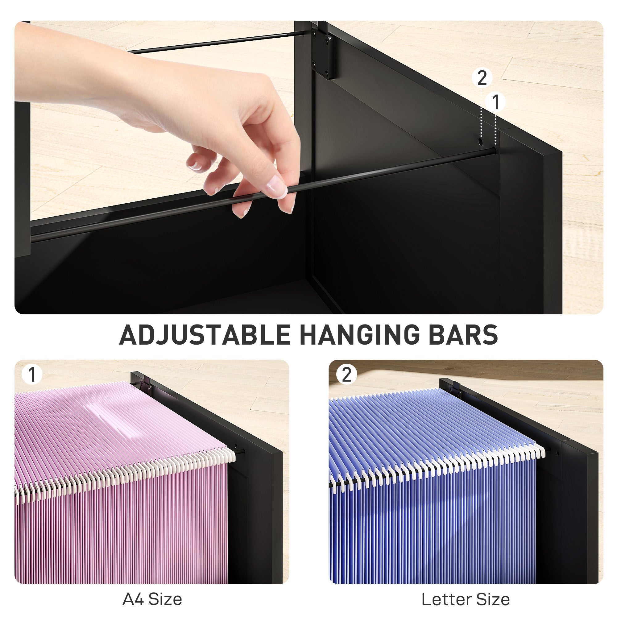 HOMCOM 3 Drawer Filing Cabinet with Lock, Office Storage Cabinet with Adjustable Hanging Bars for A4 Letter Size Files, Black 
