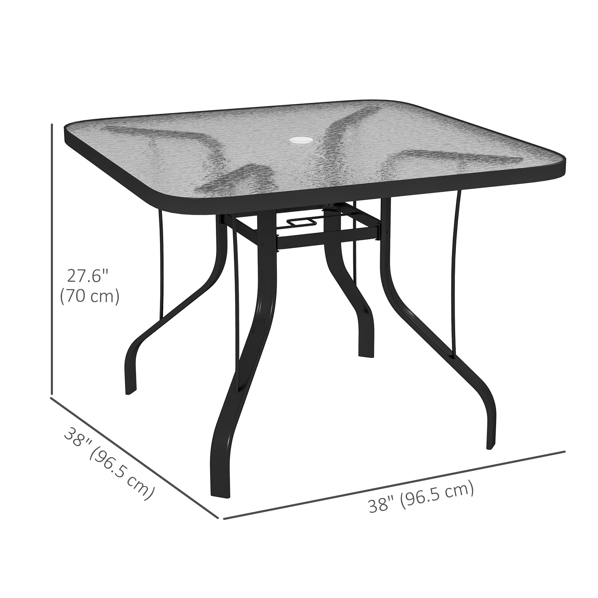 Outsunny Tempered Glass Square Patio Dining Table w/ 2.1" Umbrella Hole for Garden, Balcony, Backyard, 38" x 38" x 28" 