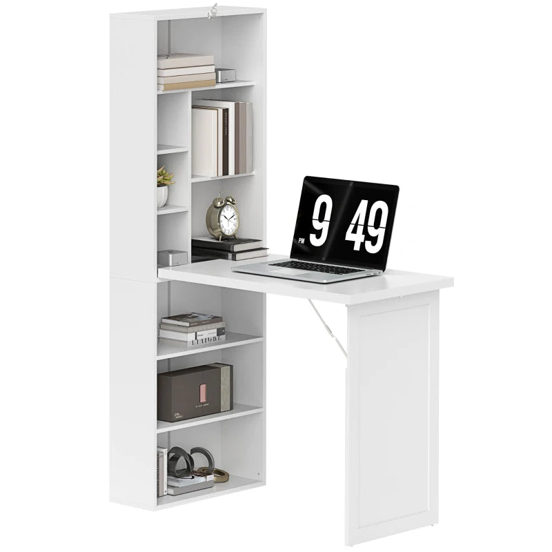 Fold-out Convertible Office Desk, Wall Mount Computer Desk with Whiteboard and Side Shelf, White