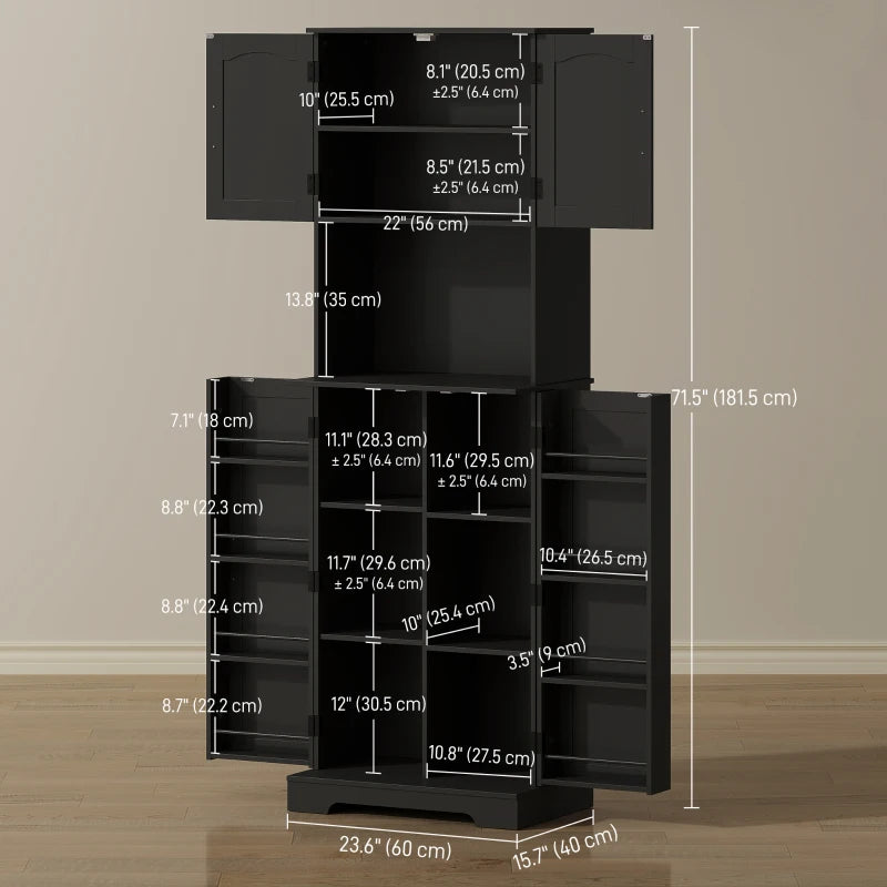 71.5" Tall Pantry Cabinet, Farmhouse Kitchen Storage Cabinet with Adjustable Shelves, 8 Door Spice Racks, Black