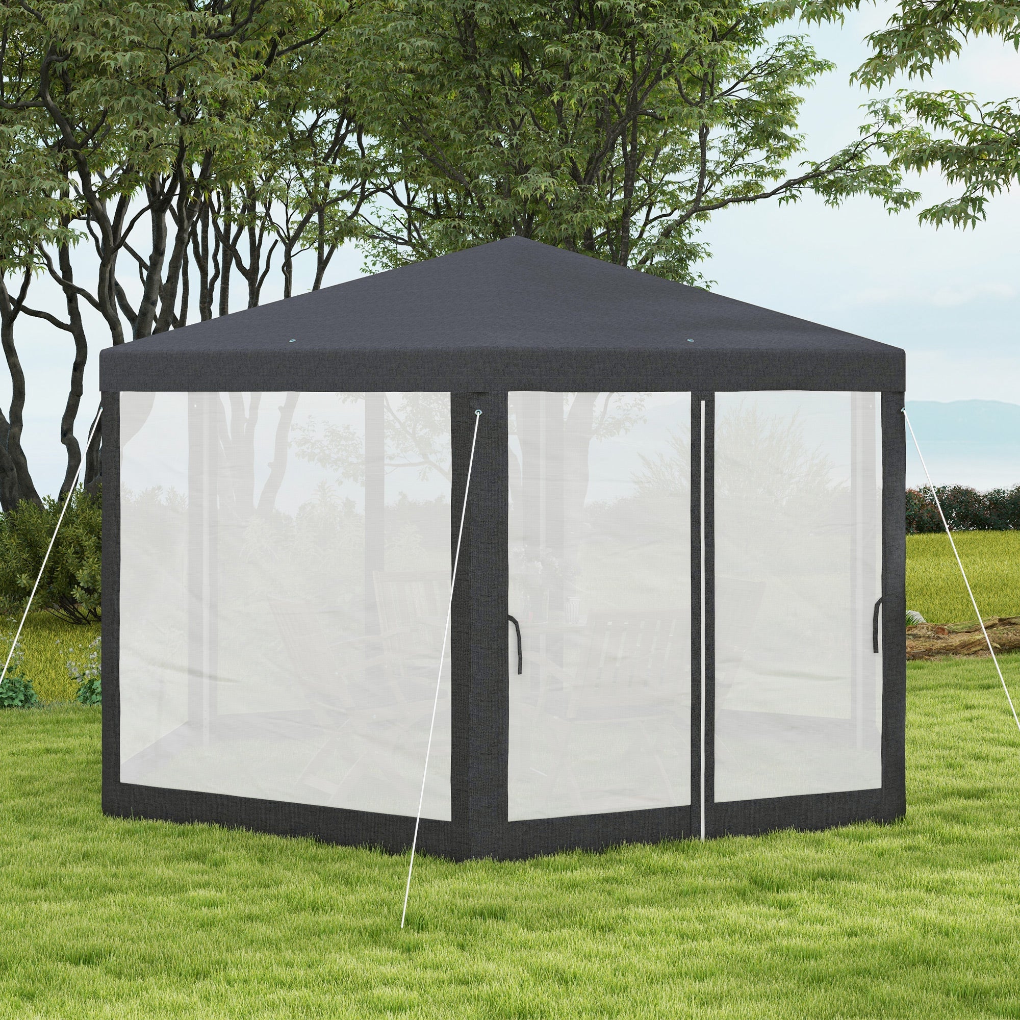 Outsunny Φ13' Hexagon Party Tent Patio Gazebo Outdoor Activity Event Canopy Quick Sun Shelter Pavilion with Netting Mesh Sidewall Dark Grey 