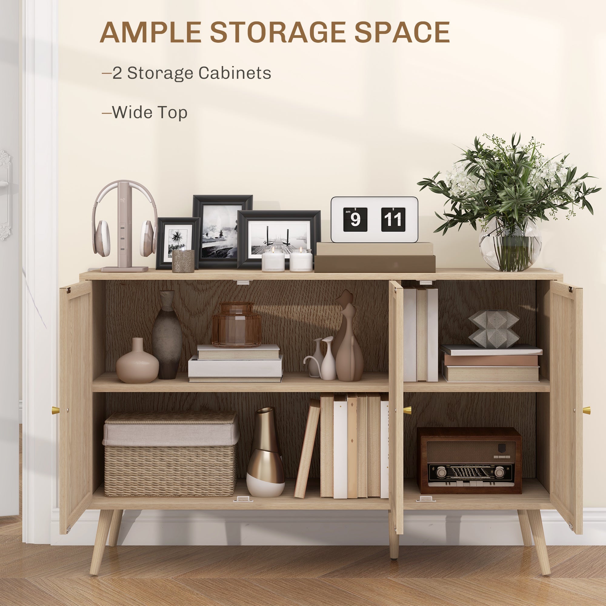 HOMCOM Kitchen Sideboard Cabinet, Boho Storage Cabinet with Shelves, Wood Legs, Decorative Rattan Doors, Natural 