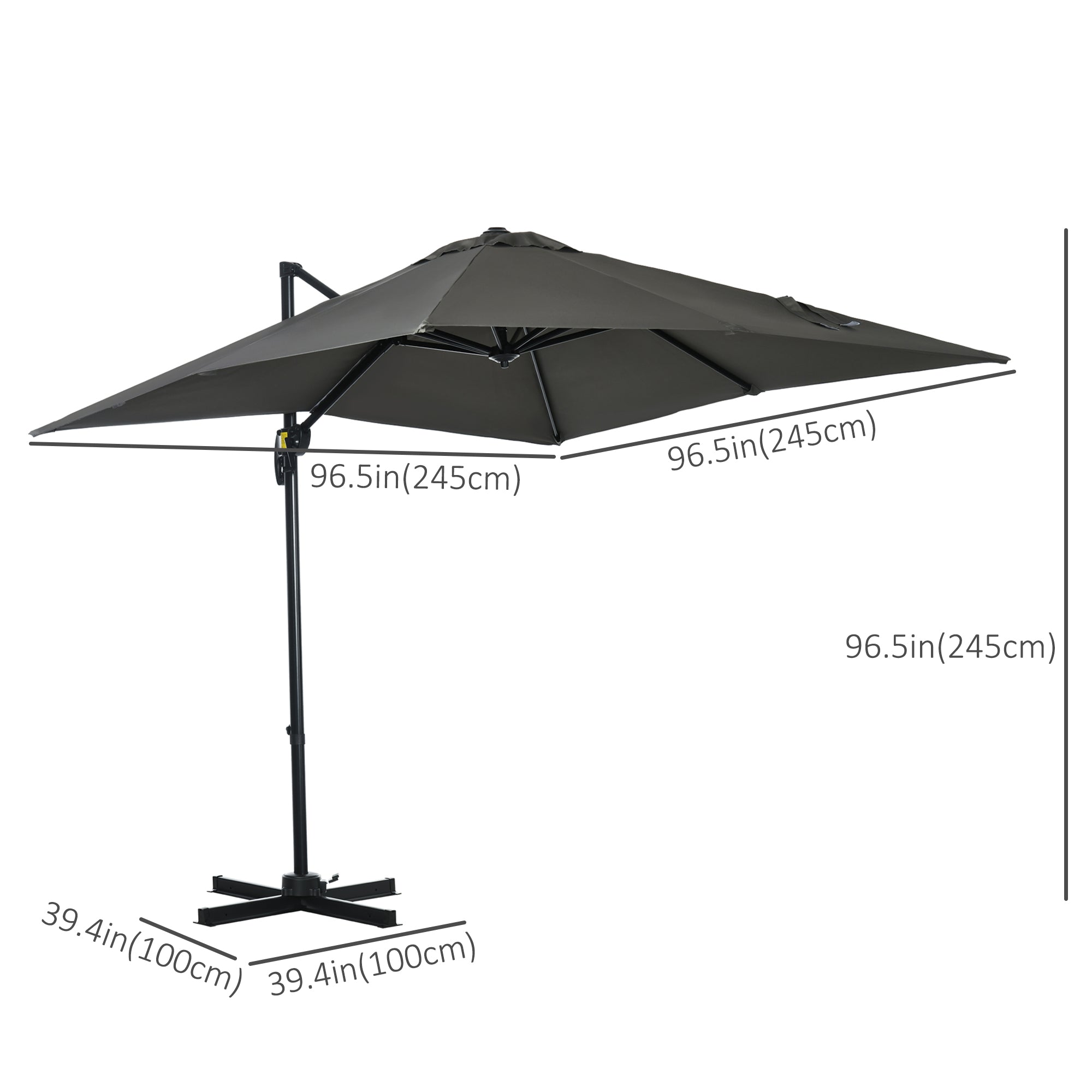 Outsunny 8'x8' Square Offset Patio Umbrella Hanging Cantilever Crank Parasol 360° Rotation Cross Base Grey 