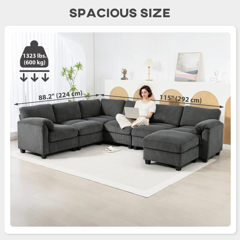 Modular Sectional Sofa, Oversized U-Shaped Couch with Spring Cushion, Corduroy Sofa for Living Room, Charcoal Grey