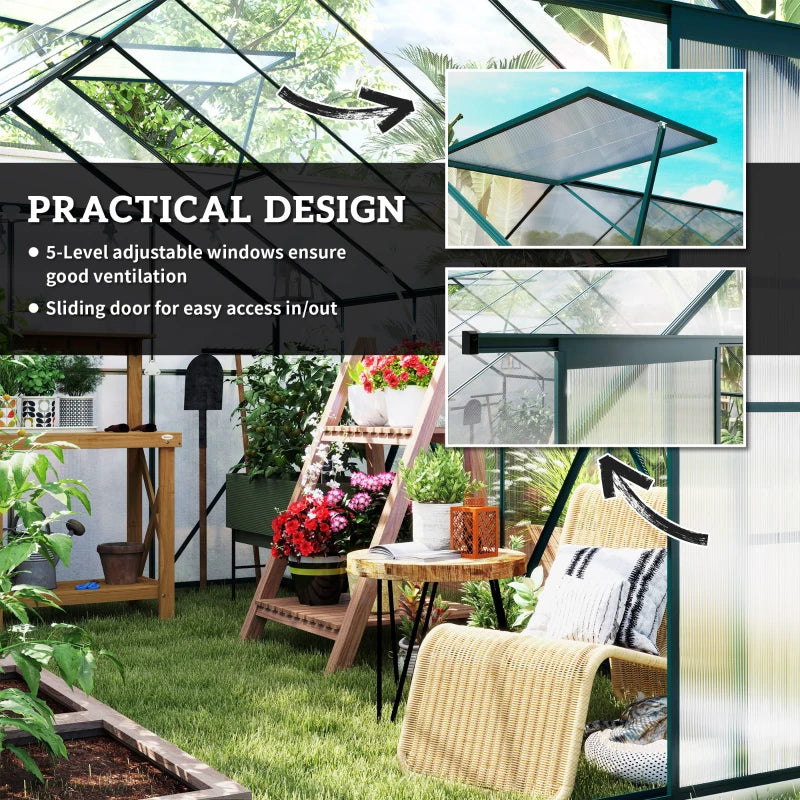 Aluminium Greenhouse Polycarbonate Walk-in Garden Greenhouse Kit with Adjustable Roof Vent, 8 x 12ft, Green