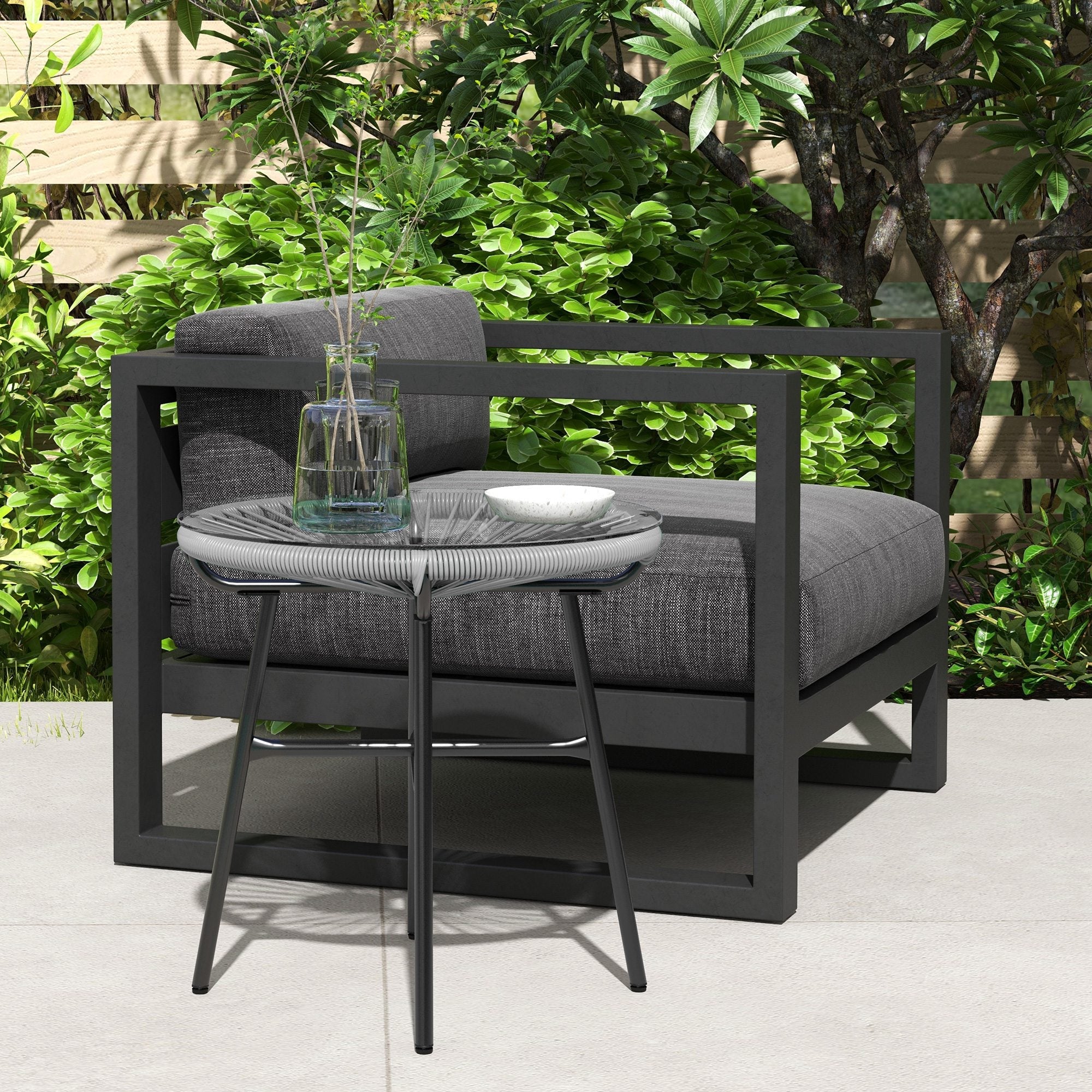 Outsunny Rattan Side Table, Round Outdoor Table, with Round PE Rattan and Tempered Glass Table Top for Patio, Garden, Grey 