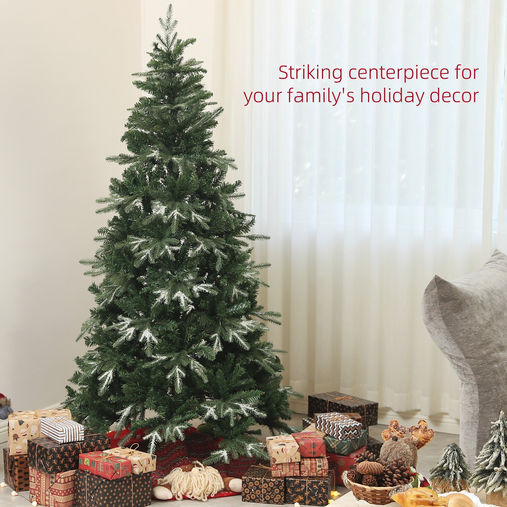 HOMCOM 6ft Flocked Christmas Tree, Artificial Christmas Tree with 850 Branch Tips, Metal Base, Automatic Open, Green 