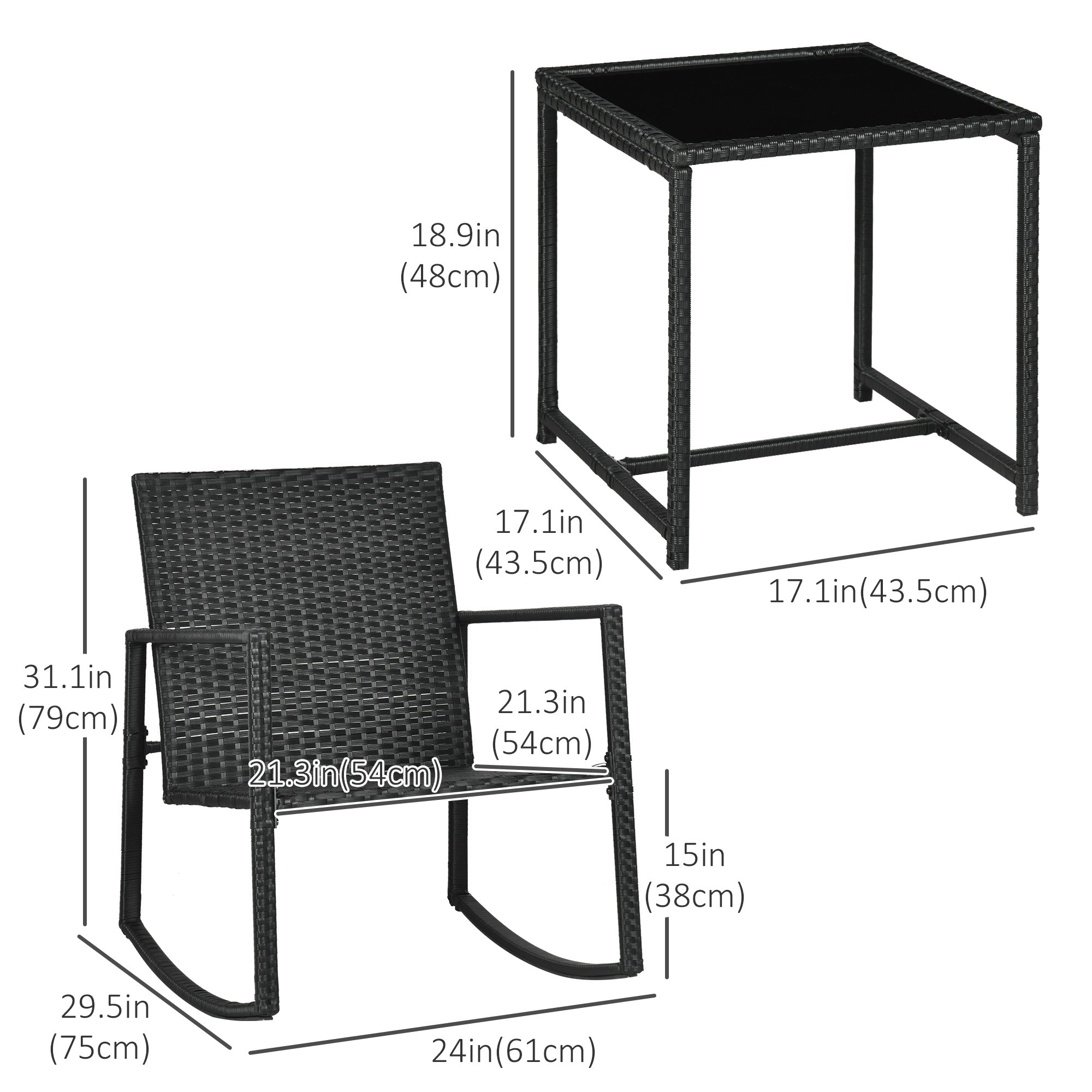 Outsunny 3-Piece Rocking Bistro Set, Wicker Outdoor Furniture with Glass Coffee Table, Rocking Chairs for Porch & Lawn 