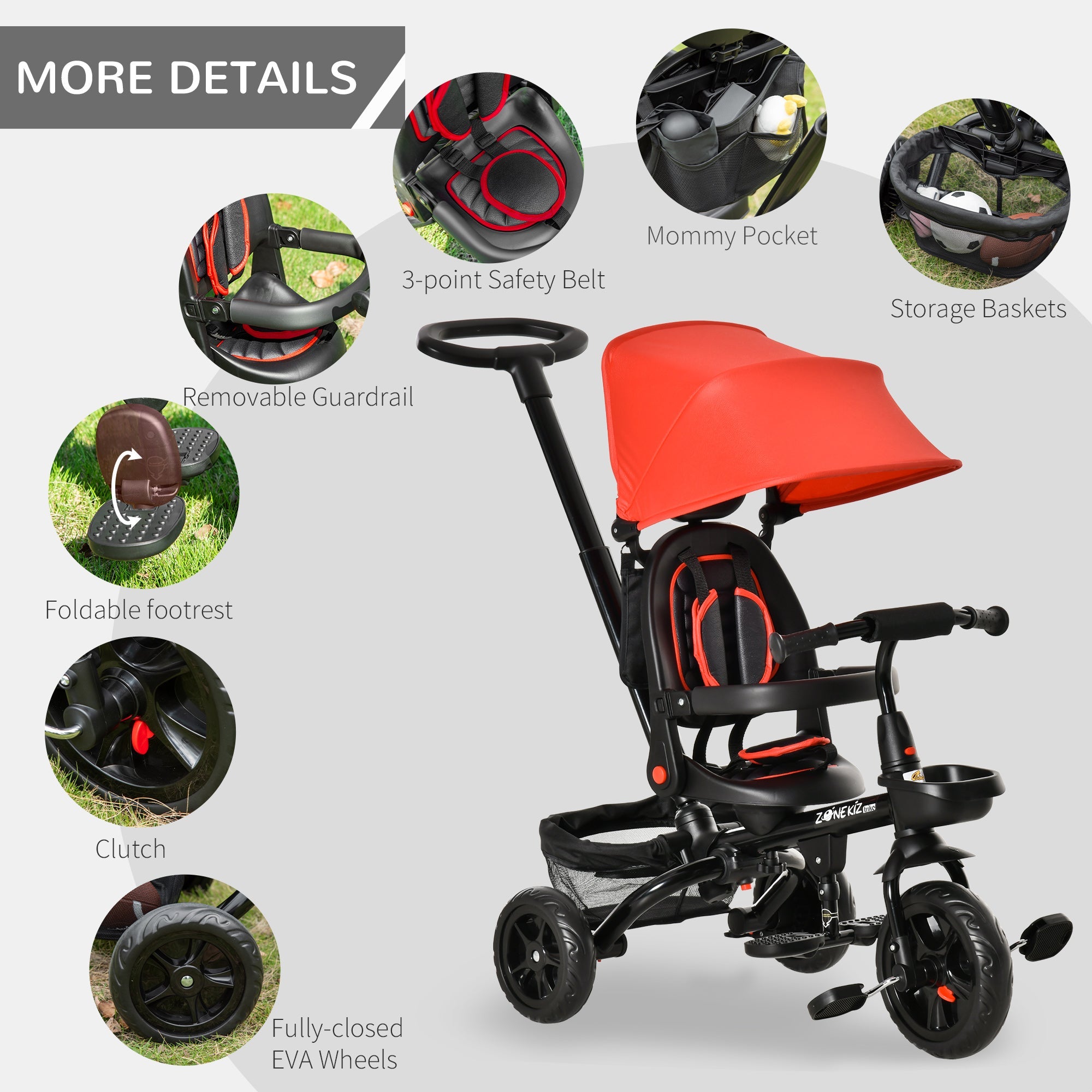 Qaba 4-in-1 Baby Tricycle Stroller, Reversible Seat, Adjustable, Canopy, Safety Belt, Red - Versatile Outdoor Ride 