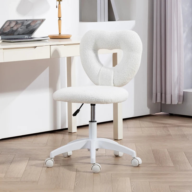 Armless Computer Desk Chair, Office Task Chair, Teddy Fleece Heart Makeup Vanity Chair with Swivel Wheels, White