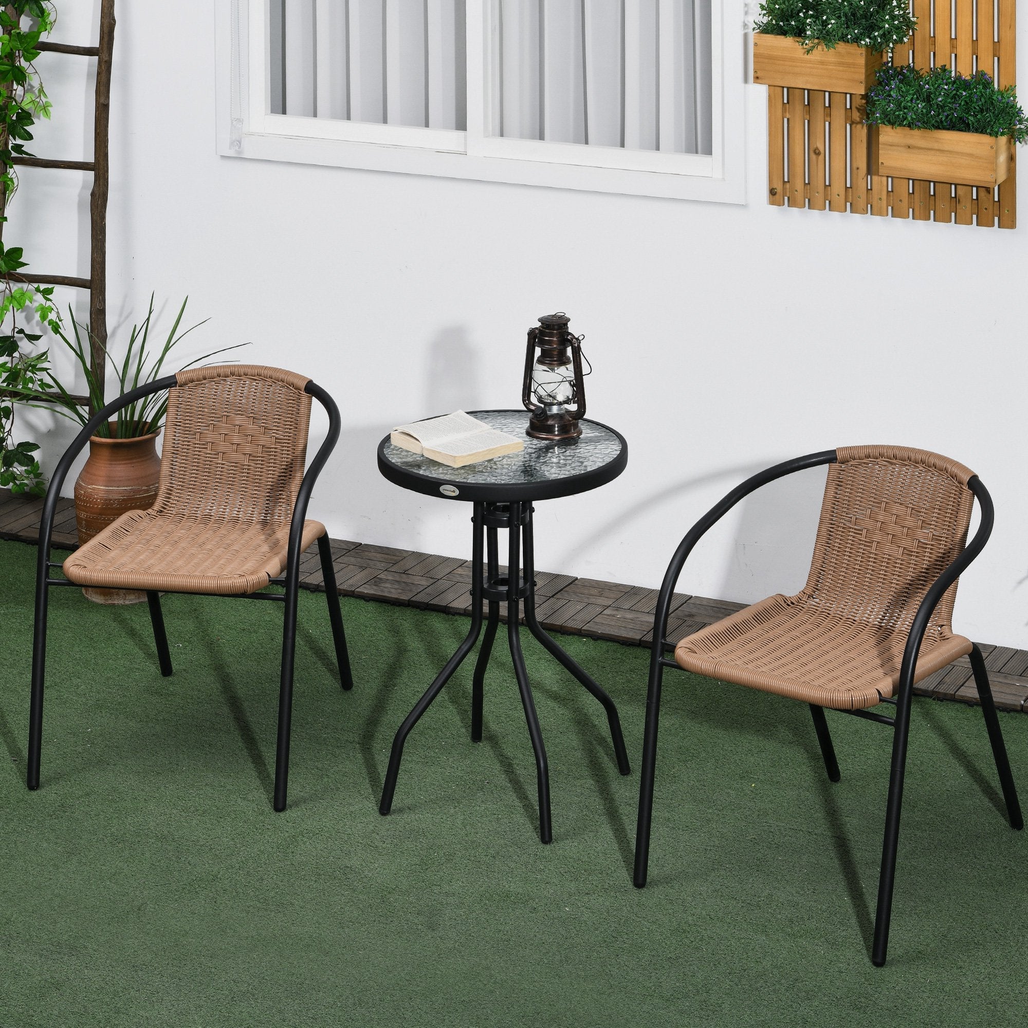 Outsunny 3 Pieces Outdoor Wicker Furniture Set with 2 Stackable Chairs, Tempered Glass Coffee Table for Garden, Backyard, Brown 