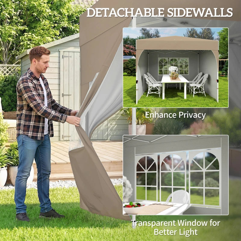 9.6 x 9.6 ft Pop Up Canopy Tent with 3 Sidewalls, UPF 50+ 1-Button Push Easy Setup Outdoor Instant Canopy, Khaki