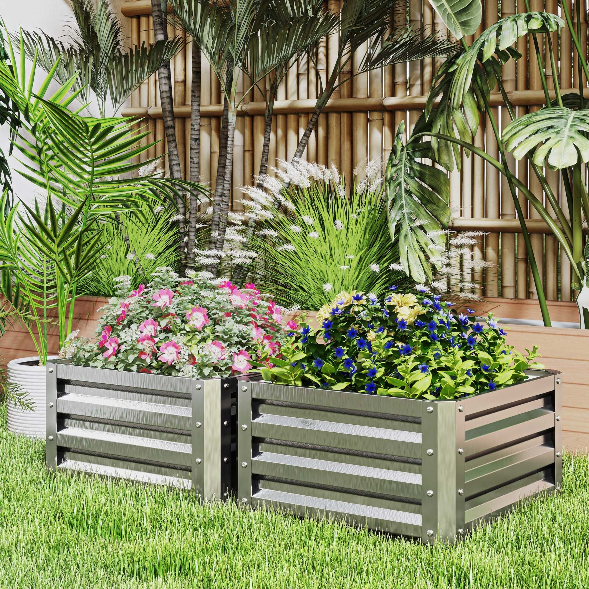 Outsunny 2' x 2' x 1' 2-Pieces Raised Garden Bed with Galvanised Steel Frame for Vegetables, Flowers, Herbs, Silver 
