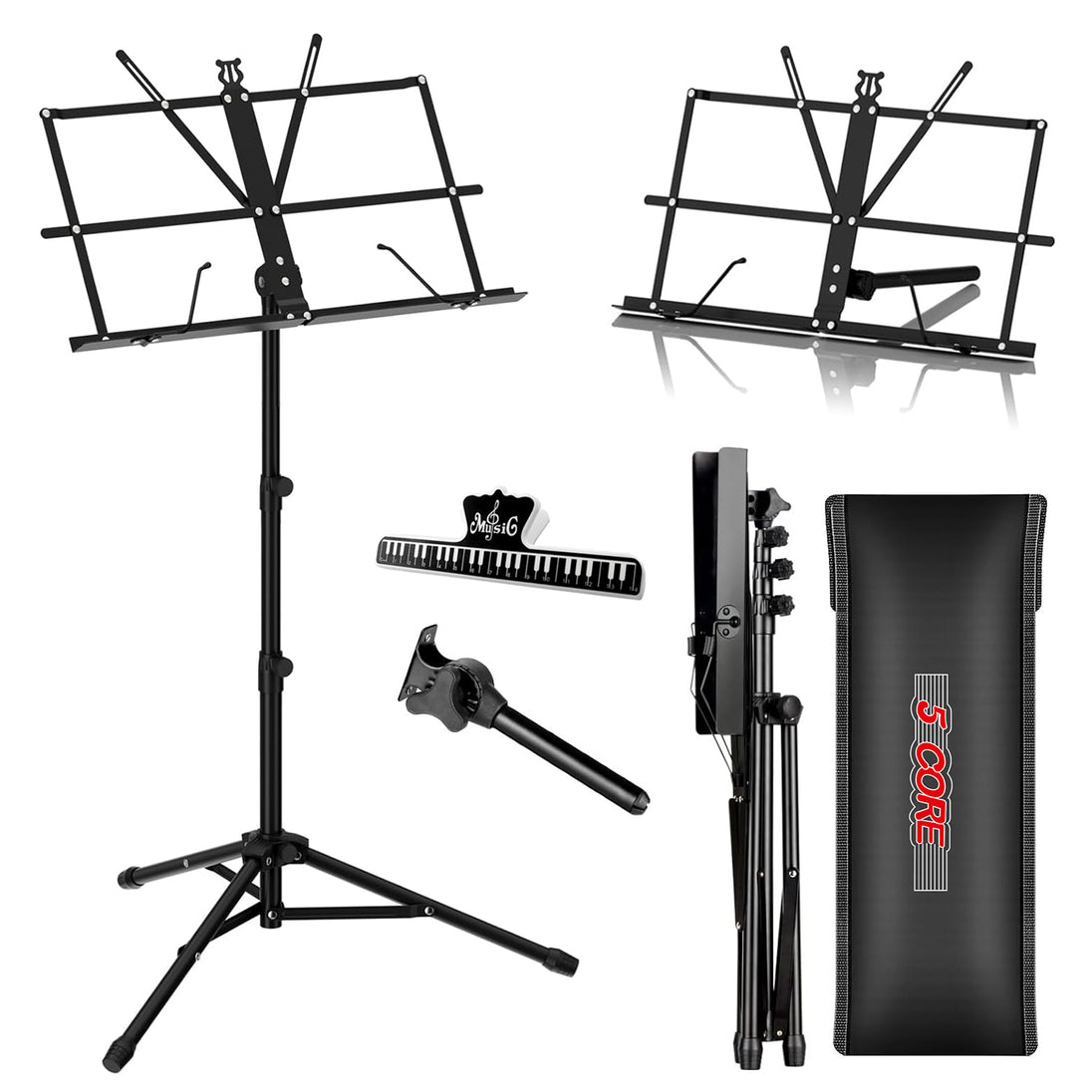 5Core Portable Music Stand for Sheet Music Adjustable Tripod Folding Note Holder Black