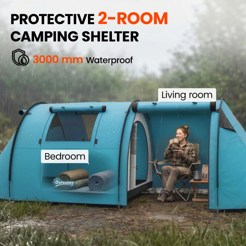 Outsunny 3-4 Person Camping Tent with 2 Rooms, 3000mm Waterproof Family Tunnel Tent with Carry Bag – Sky Blue