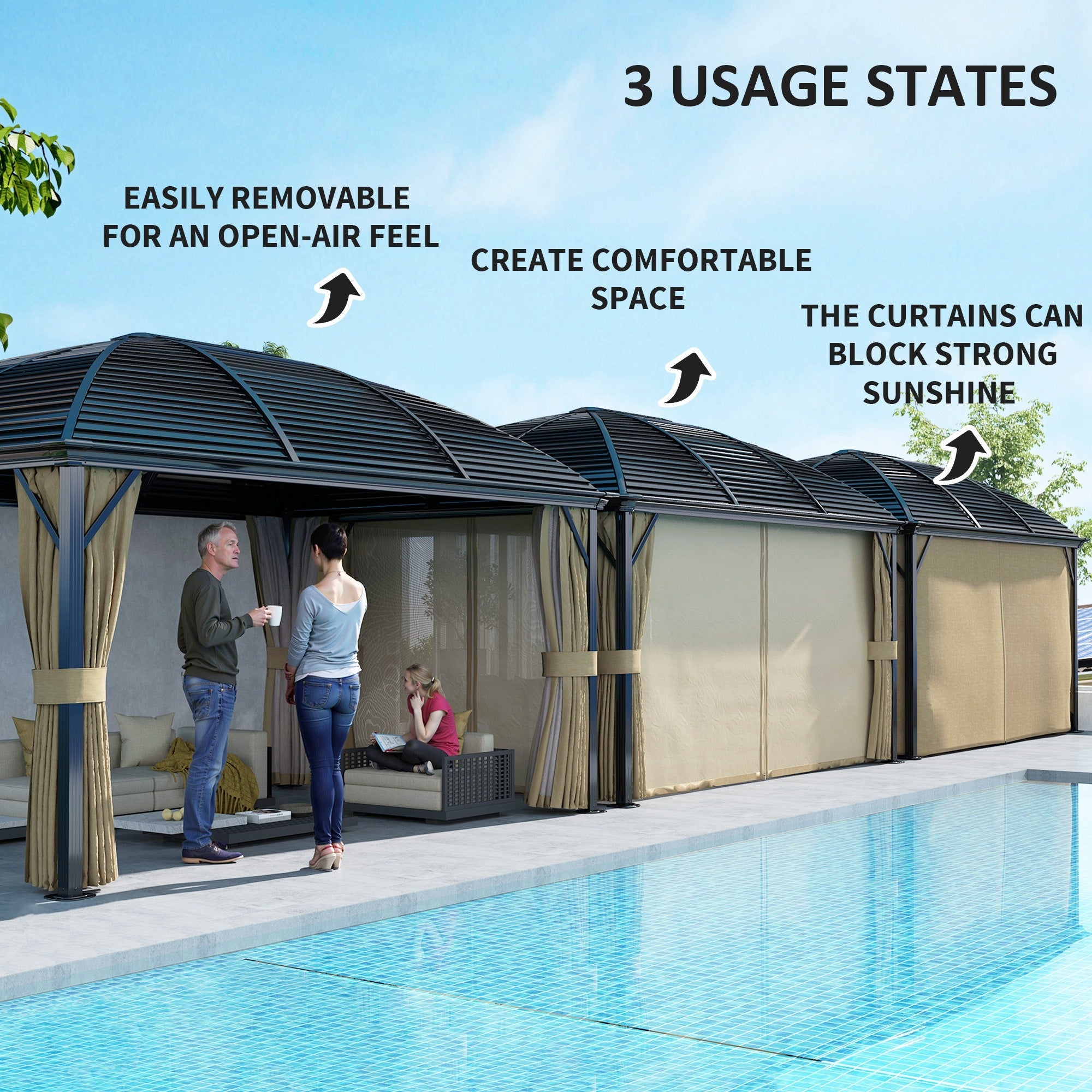 Outsunny 10' x 13' Hardtop Gazebo Aluminum Outdoor Canopy with Mesh Nettings, Curtains, Brown 