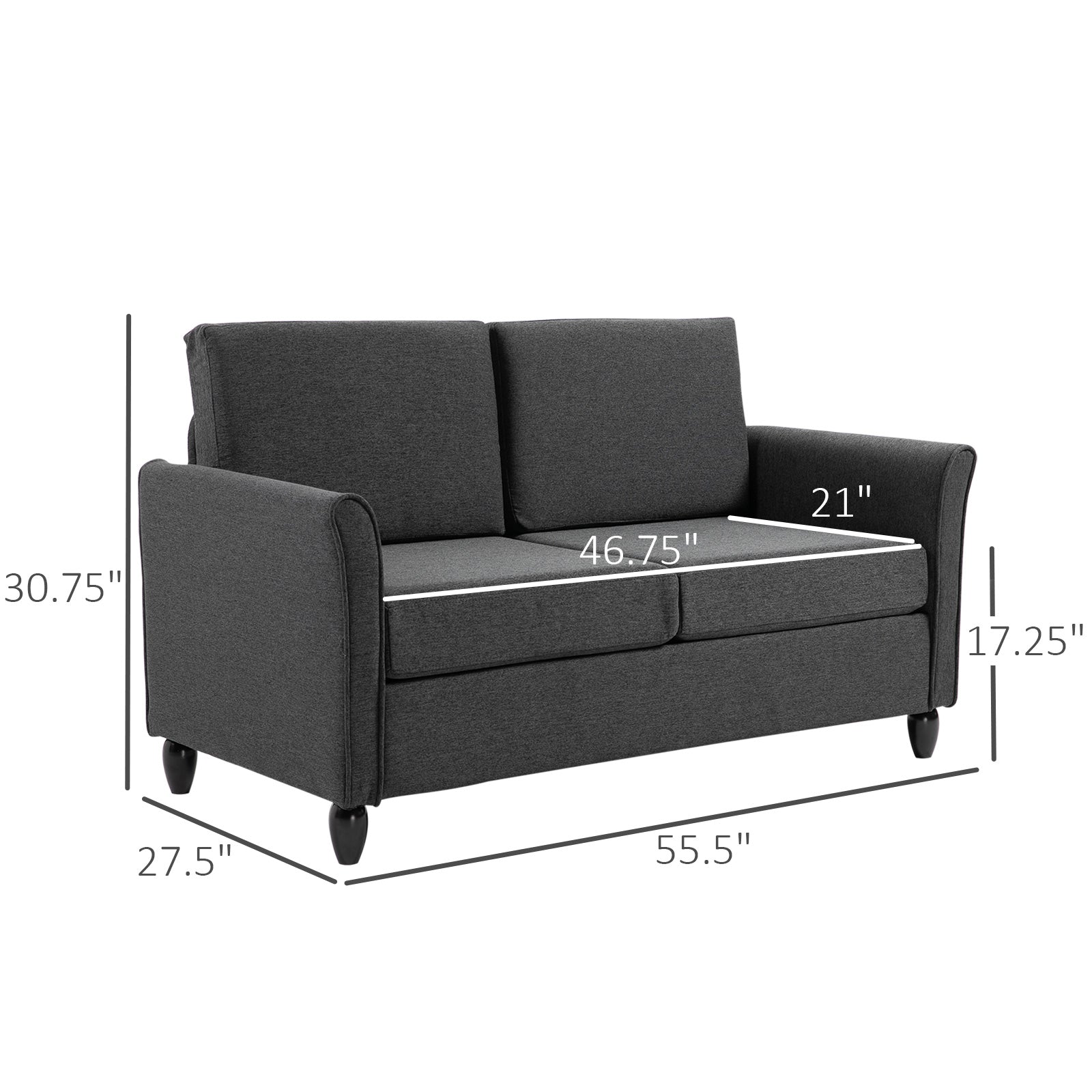 HOMCOM 55" Upholstered Double Sofa: With Armrest, Sturdy Wood Legs for Living Room Furniture, Dark Grey 