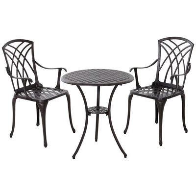 Outsunny 3 Pieces Patio Furniture Set, Outdoor Garden Conversation Set with Coffee Table, 2 Chairs and Umbrella Hole, Brown 