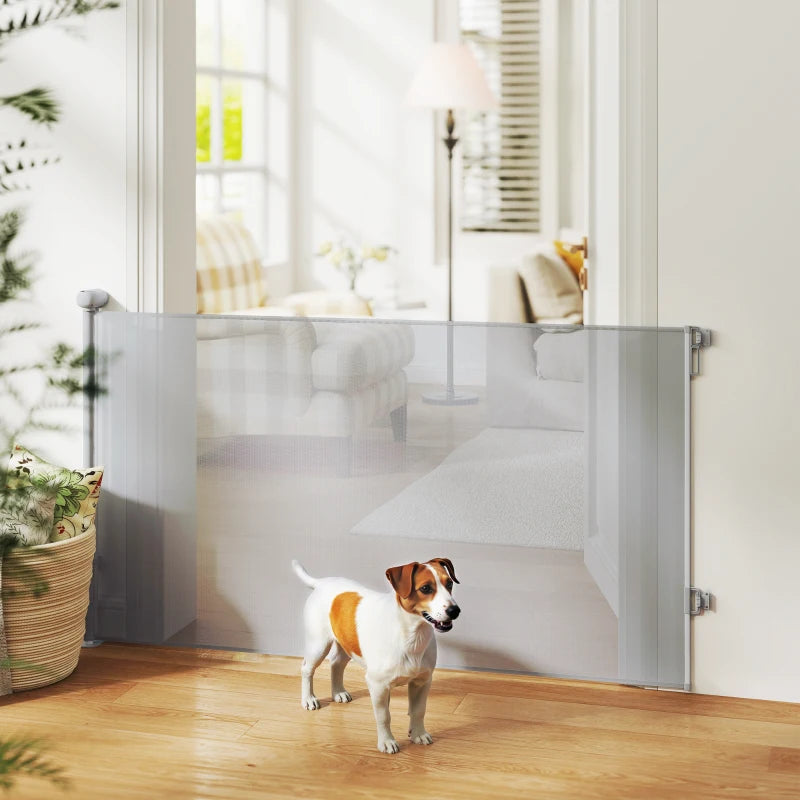 Retractable Dog Gate Extends Up to 55" Wide, 34" Tall, for Stairs, Doorways, Hallways, Indoor and Outdoor, Grey