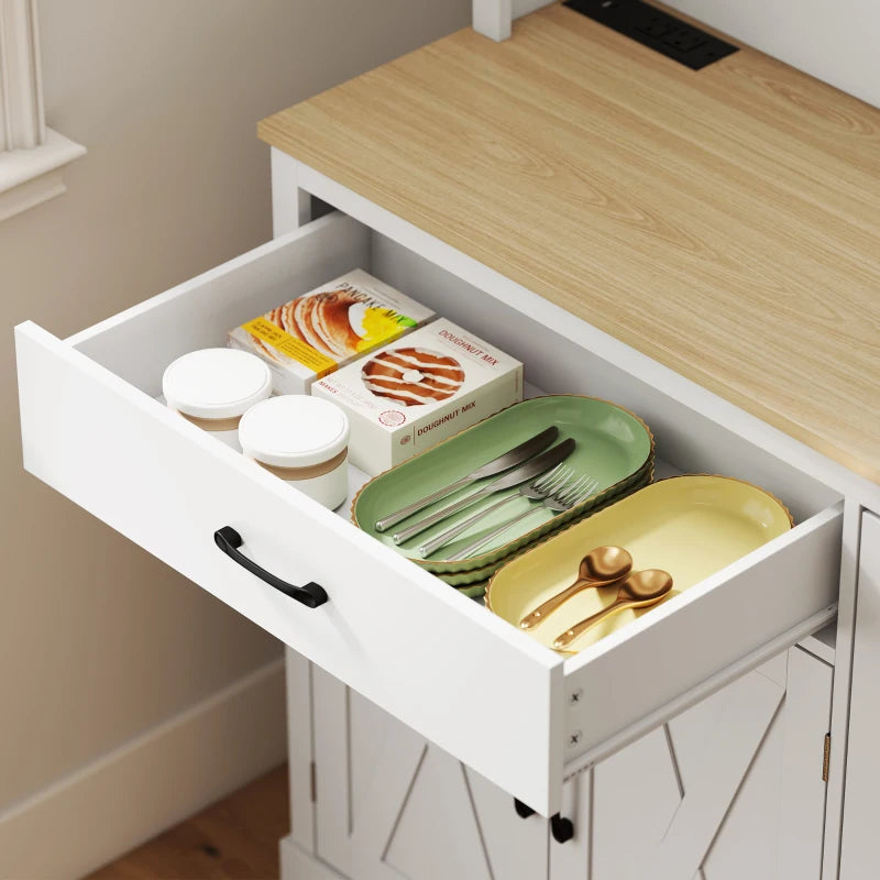 69" Pantry Cabinet with Charging Station, Kitchen Cabinet with Microwave Stand, Tilt-Out Trash Can Cabinet, White