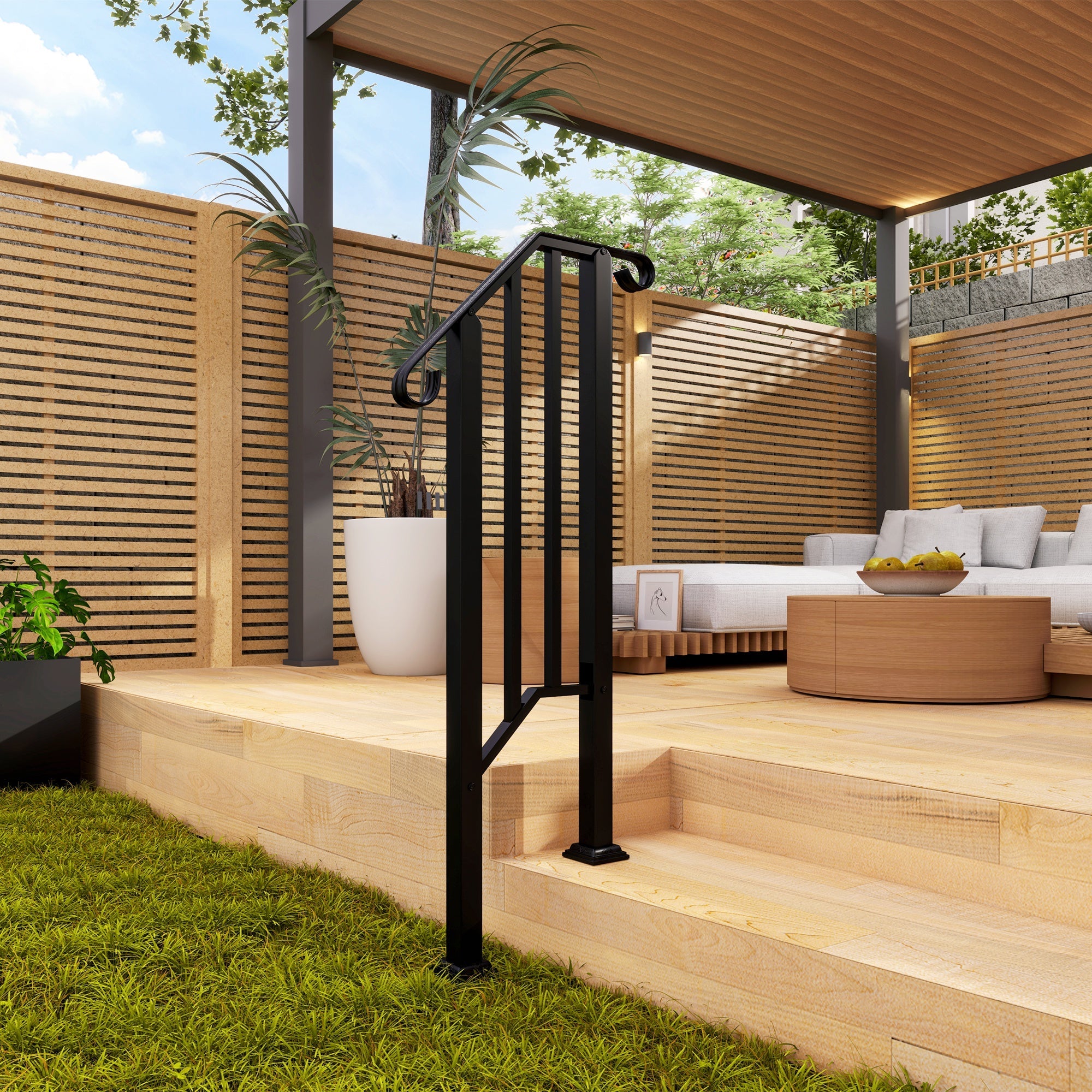 Outsunny 1-2 Step Handrails for Outdoor Steps, Metal Outdoor Stair Railing, Porch Deck Railing with Installation Kit, Black 