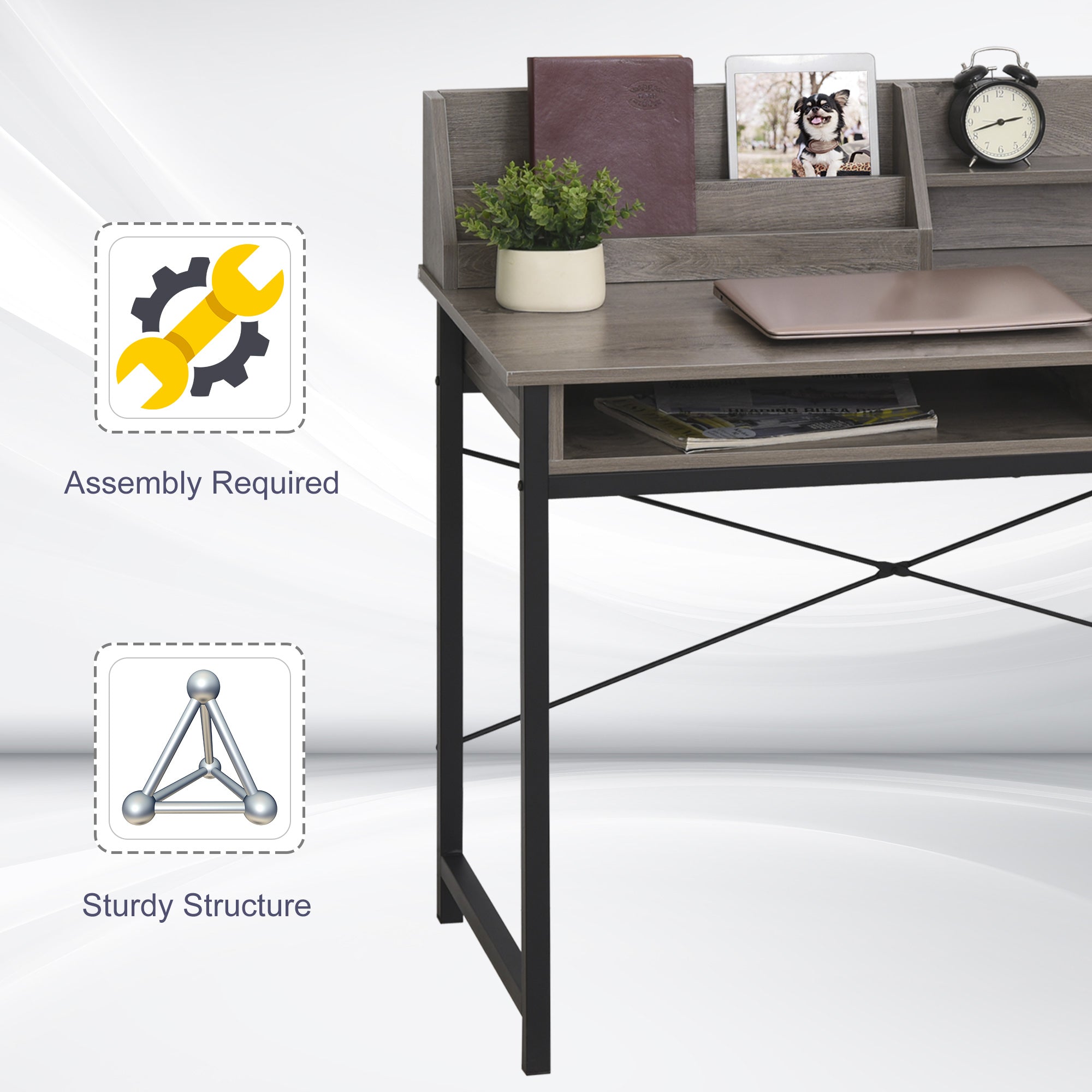 HOMCOM Grey Industrial Computer Desk with Drawer & Open Shelves - Stylish Writing Table with Hutch for Home Office 
