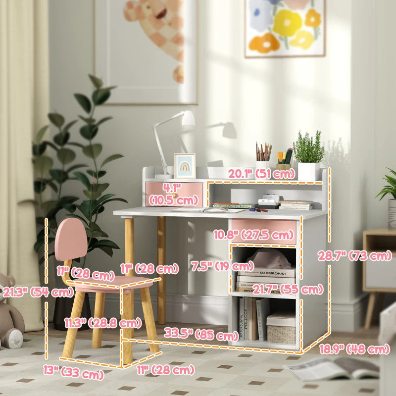Qaba Kids Study Table and Chair Set, Kids Desk and Chair Set w/ Storage and Shelves, for 3-8 Year Old, Pink