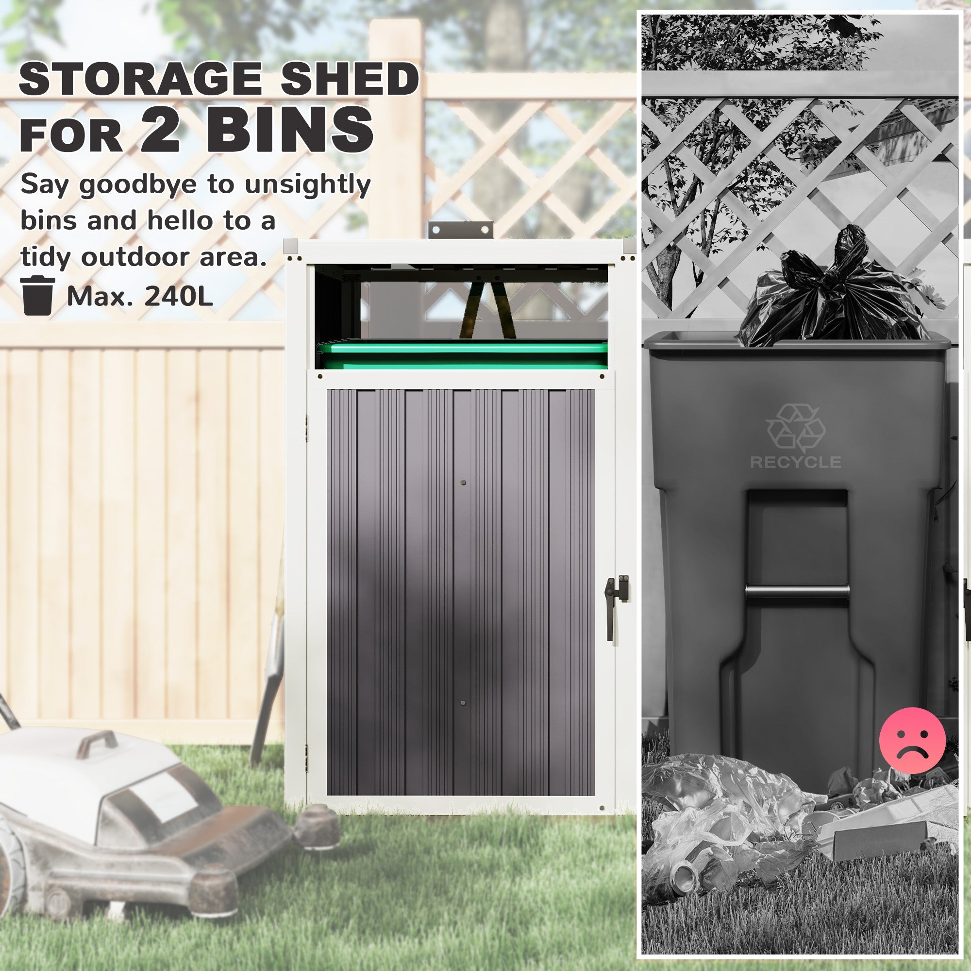 Outsunny Double Garbage Bin Shed, Lockable Outdoor Storage Shed with Openable Lid, Galvanized Frame for Garden Patio, Dark Grey 