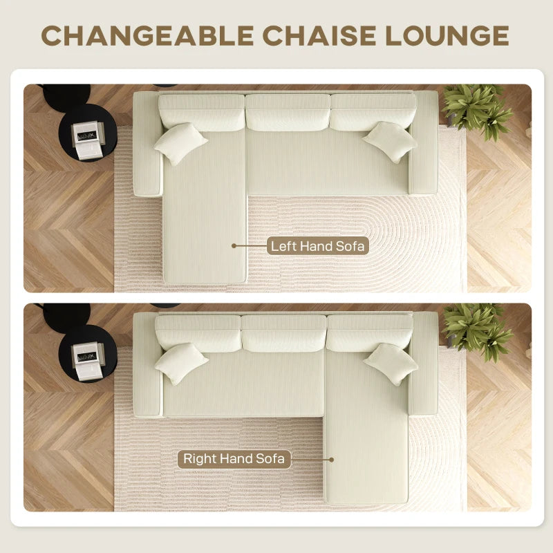 Corner Sofa with Changeable Chaise, Corduroy L-Shaped Sectional Sofa with Pocket Spring, 2 Pillows, Cream White