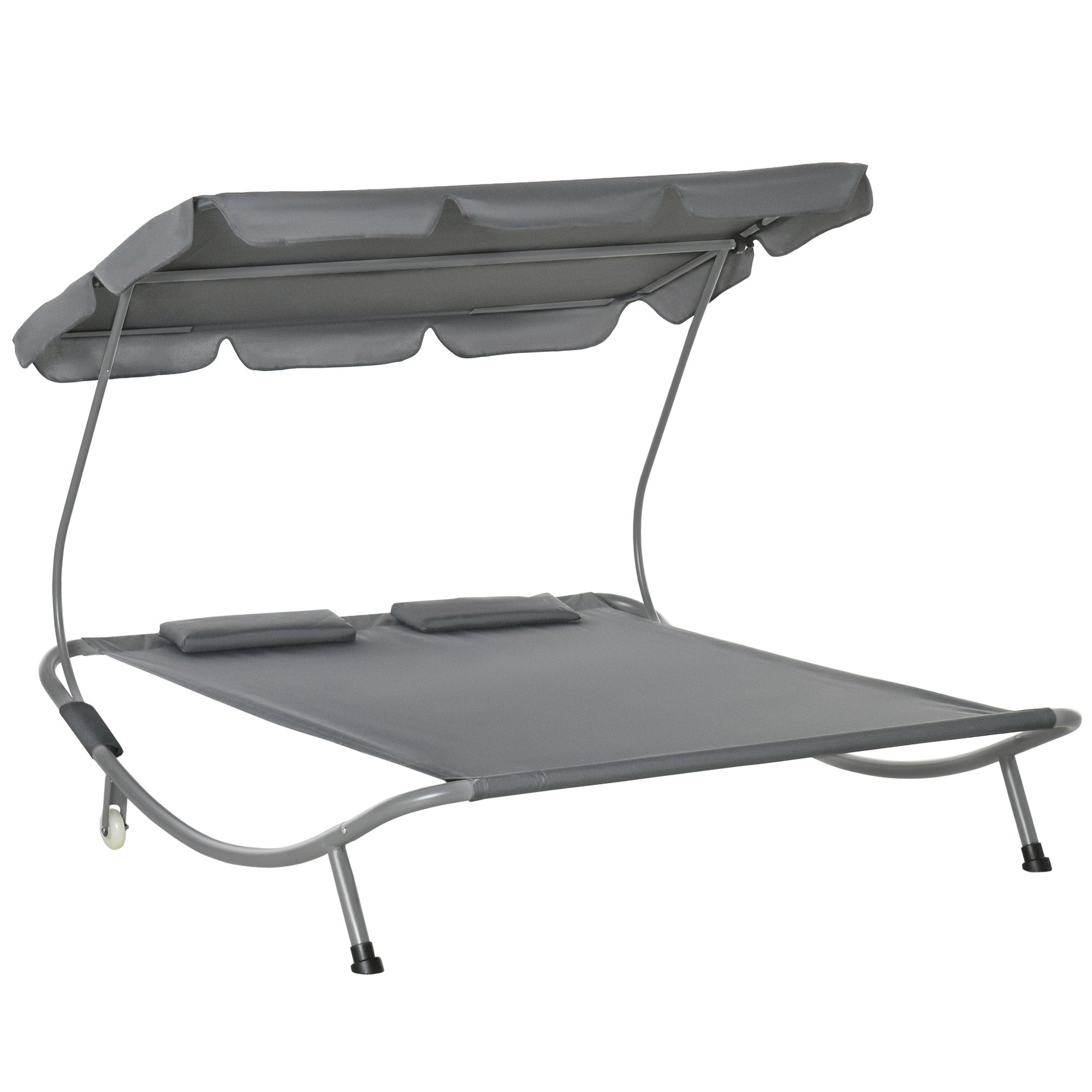 Outsunny Patio Double Chaise Lounge Chair Outdoor Daybed with Canopy Headrest Pillows Grey 