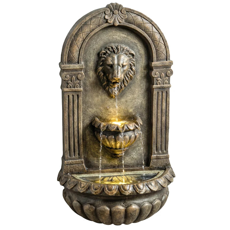 Wall-Mounted 3-Tier Outdoor Fountain, Resin Cascading Waterfall with LED Lights and Adjustable Flow, Rustic Brown