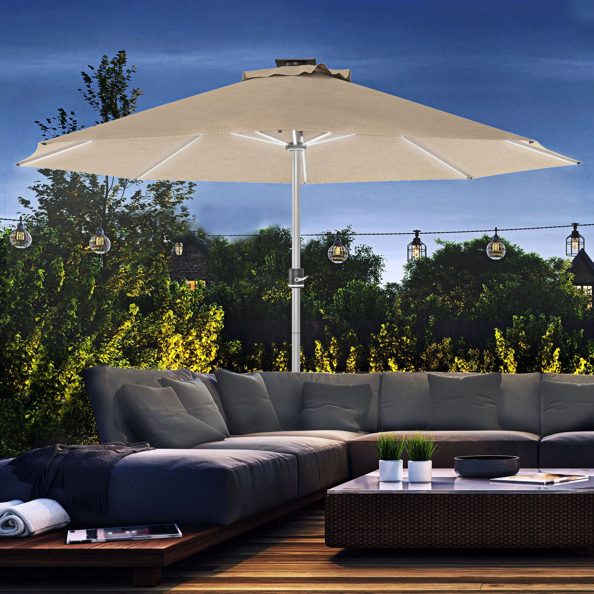 Outsunny Solar Illumination Shade: LED Lighted Patio Umbrella with 4 Lighting Modes, USB Charging Outdoor Deck Khaki 