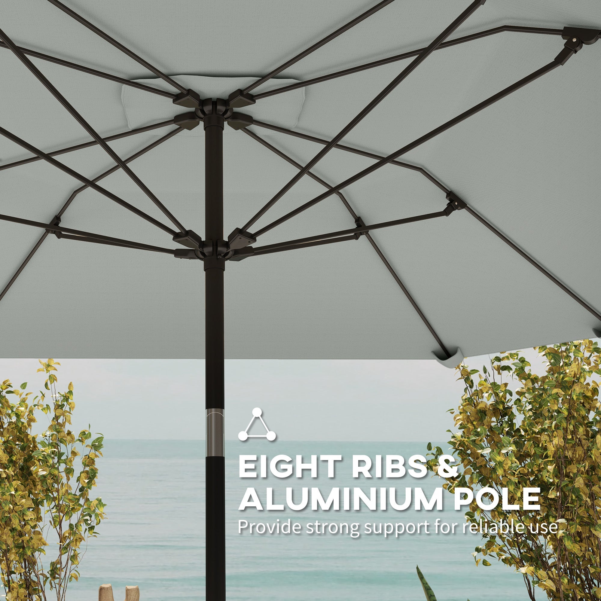 Outsunny 7.6FT Aluminum Patio Umbrella Parasol 8 Ribs Outdoor Market Umbrella with Crank, Push Button Tilt for Deck, Backyard and Lawn, Light Grey 