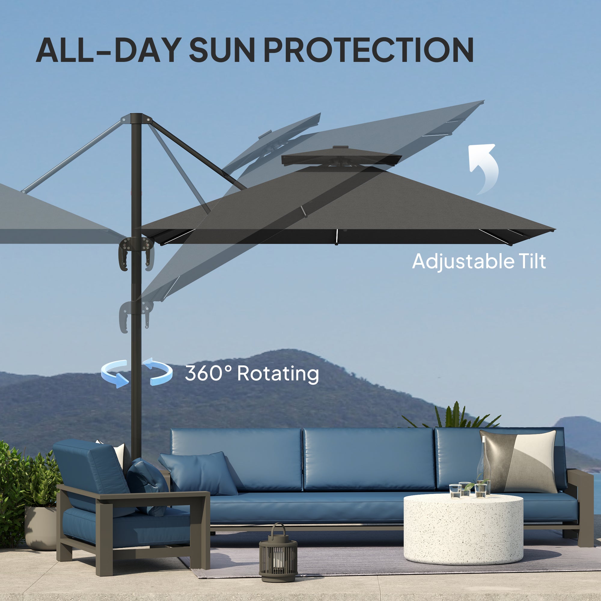 Outsunny 8' Cantilever Patio Umbrella with LED Lights, 360°Rotation, Tilt & Height Adjustment, Crank, Cross Base, Dark Grey 