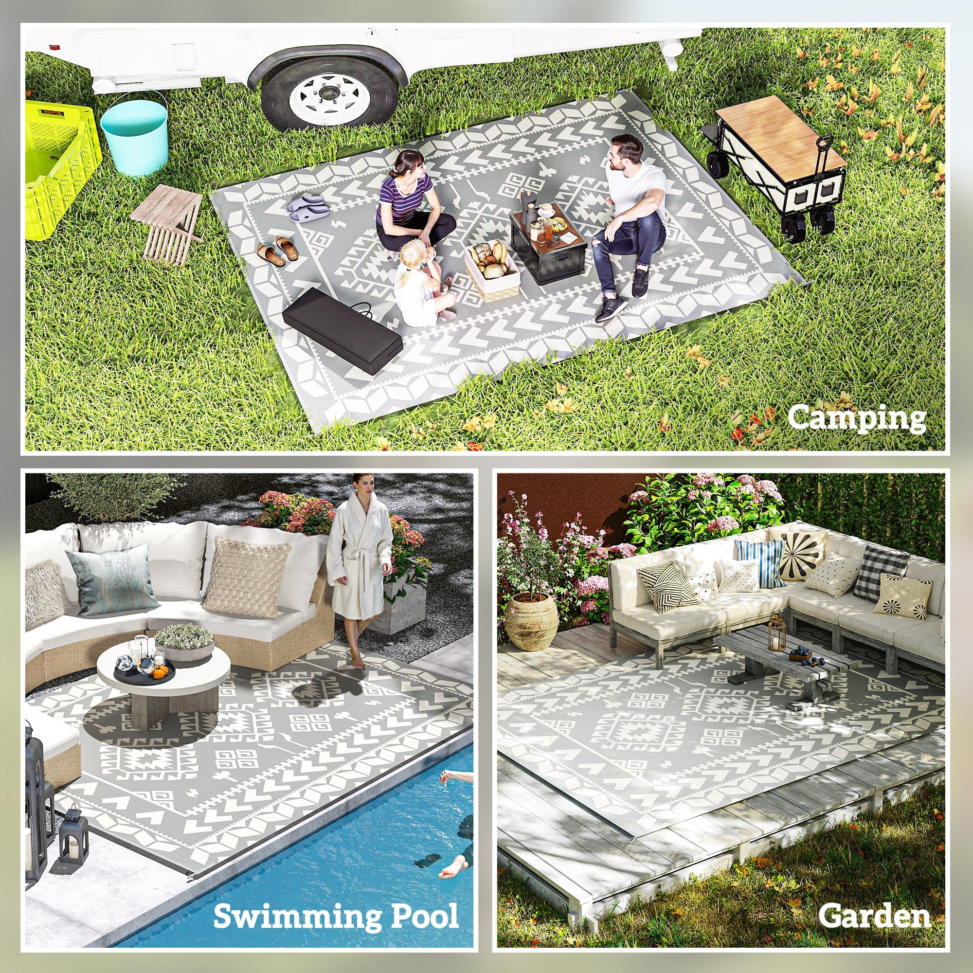 Outsunny 9' x 12' Outdoor RV Rug, Reversible Patio Floor Mat with Carry Bag, Rhombus Patchwork, Grey and White 