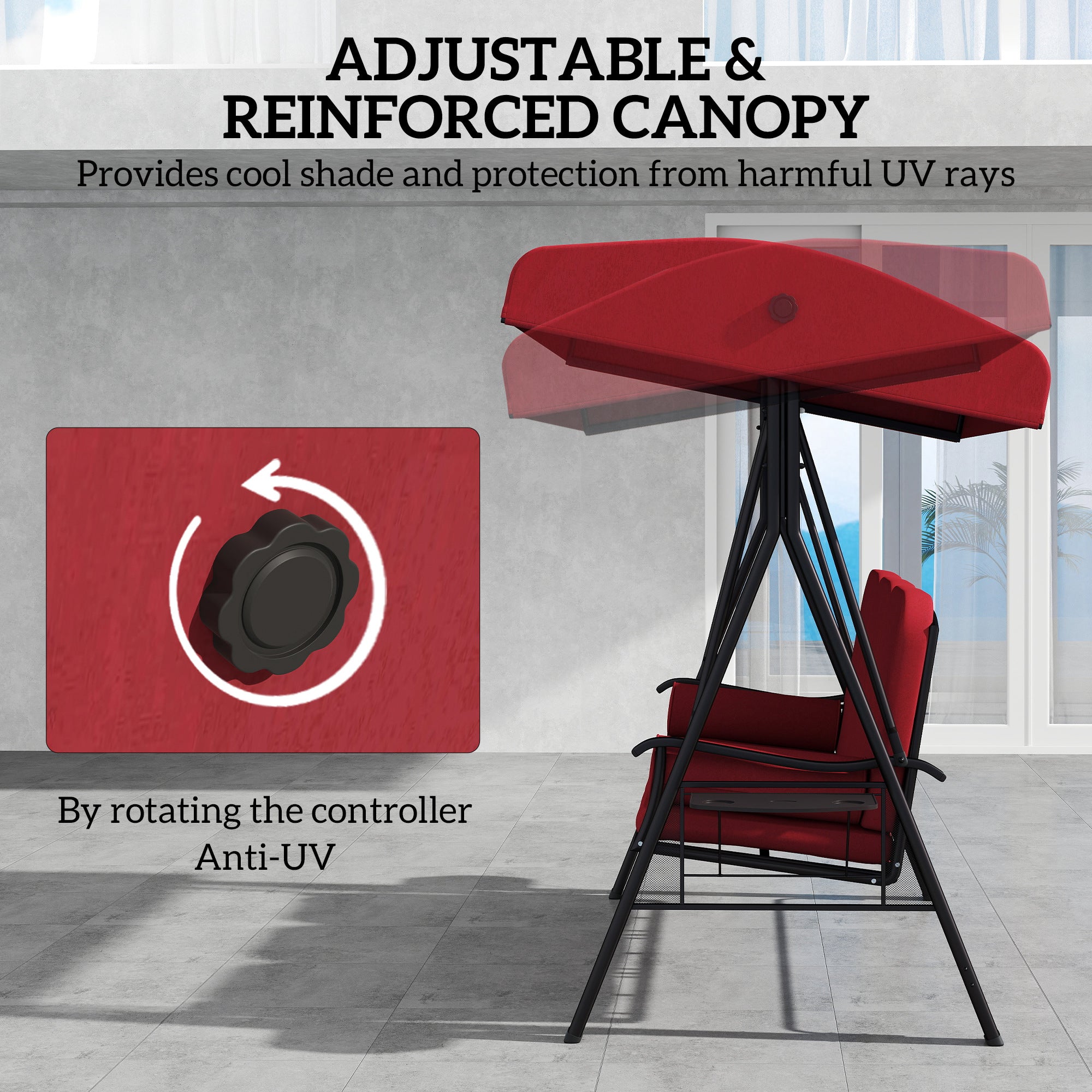 Outsunny Outdoor Patio 3-Person Steel Canopy Cushioned Seat Bench Swing with Included Side Trays & Padded Comfort, Wine Red 