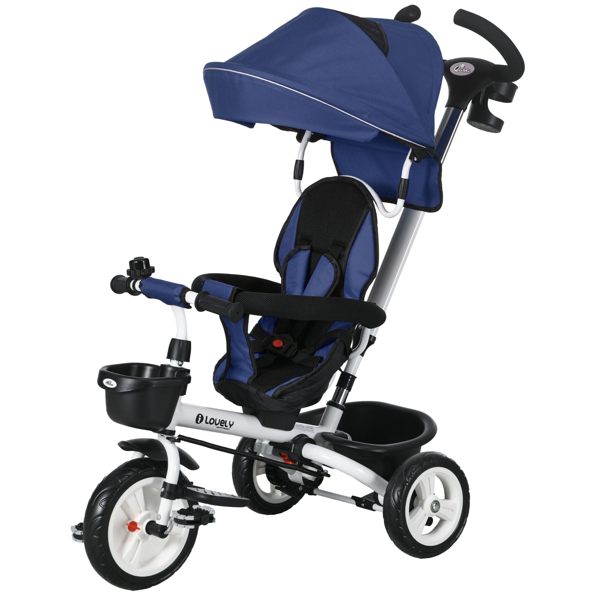 Qaba 6-in-1 Toddler Tricycle - Parent Control Handle, Canopy, Storage, Cupholder, in Dark Blue, Ideal for 1-5 Years 