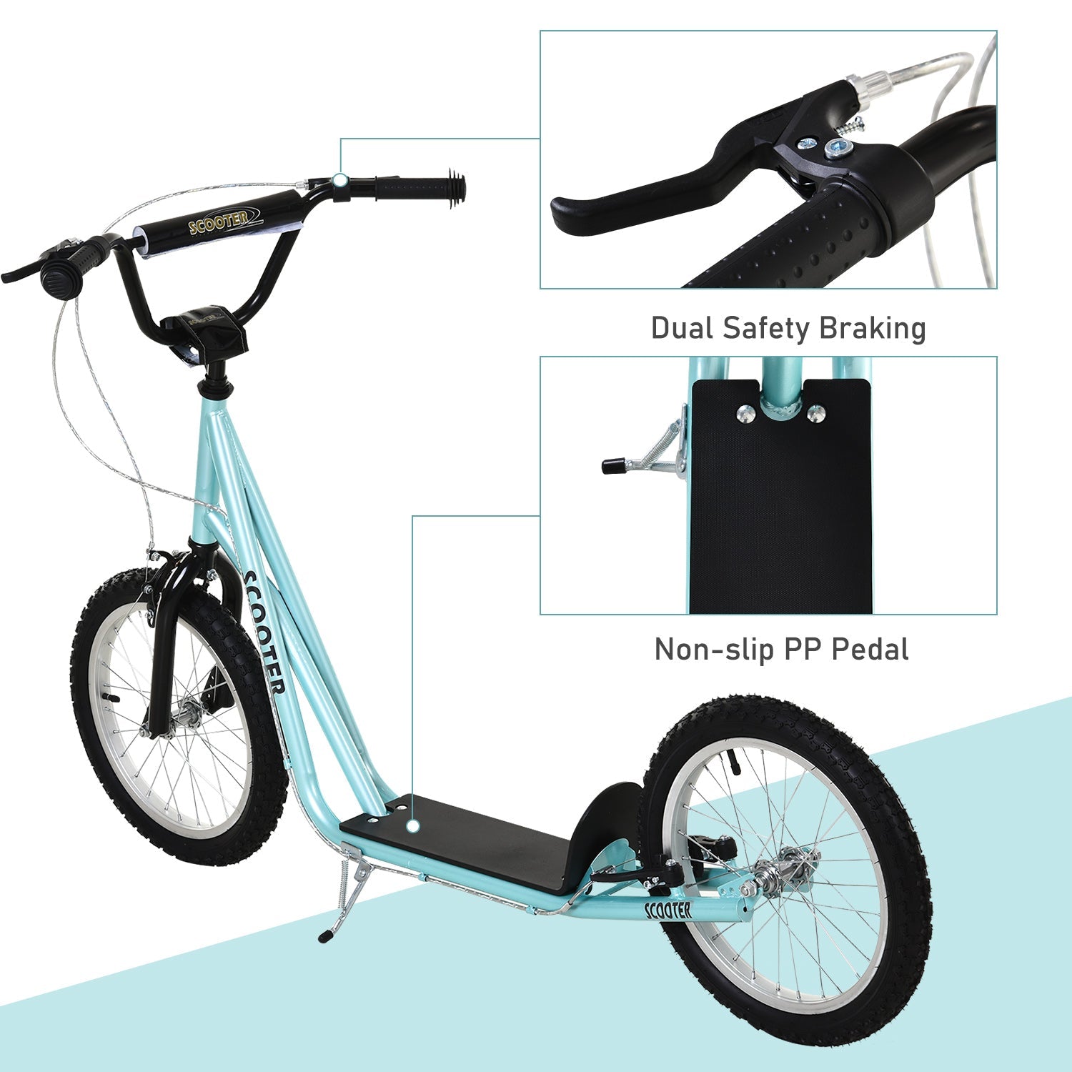 Qaba Adjustable Kids Kick Scooter: Handlebar, Dual Brakes, Inflatable Wheels, Blue 