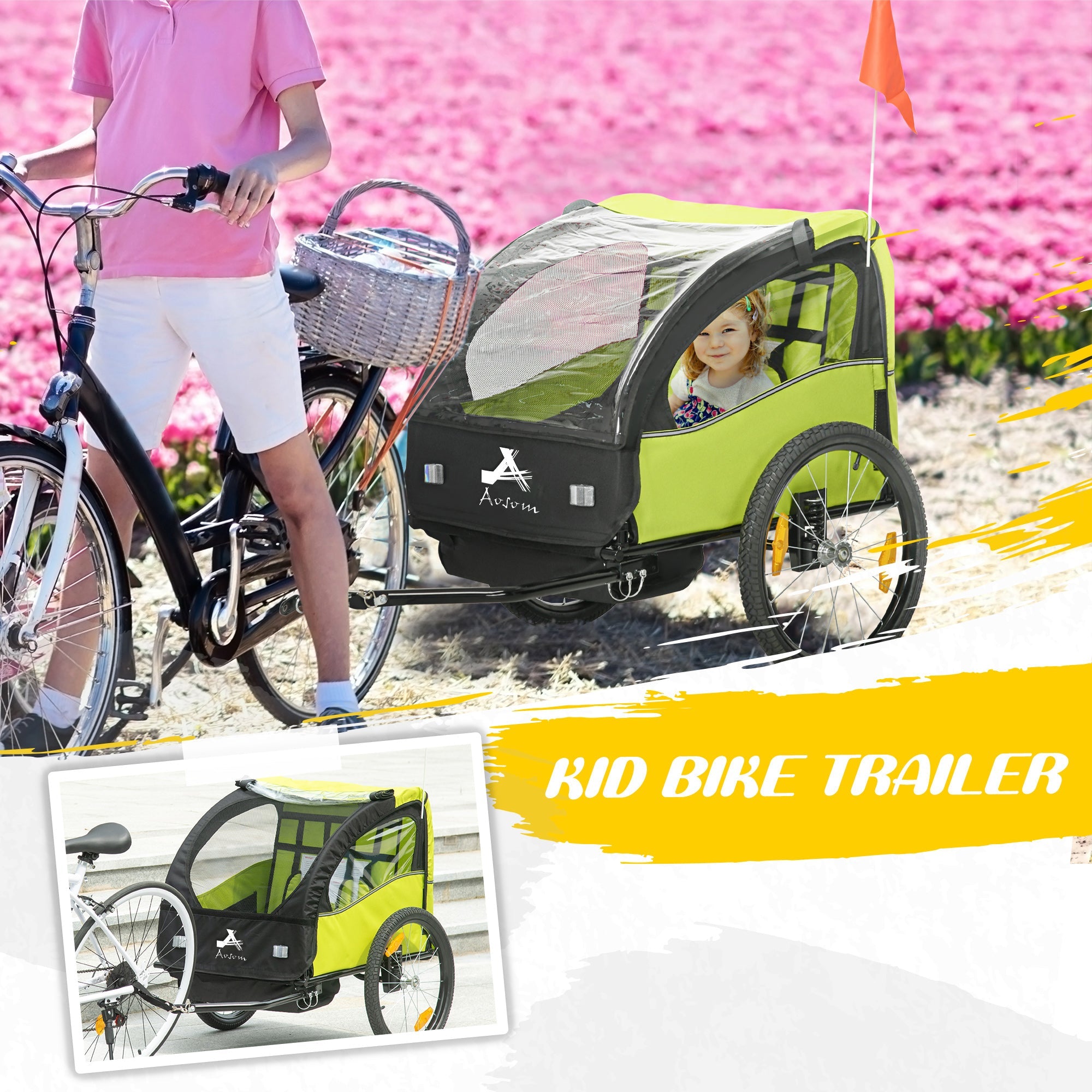 Aosom 2 Seat Bike Trailer for Kids, Baby Stroller with Storage Bag, 5 Point Harness, Bicycle Trailer with 20" Wheels, Green 