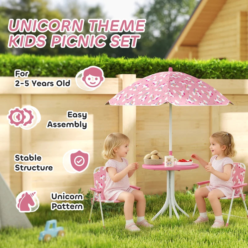 Qaba Kids Picnic Table, Kids Table and Chair Set with 2 Folding Chairs and Umbrella for Backyard, Garden, Patio, Pink
