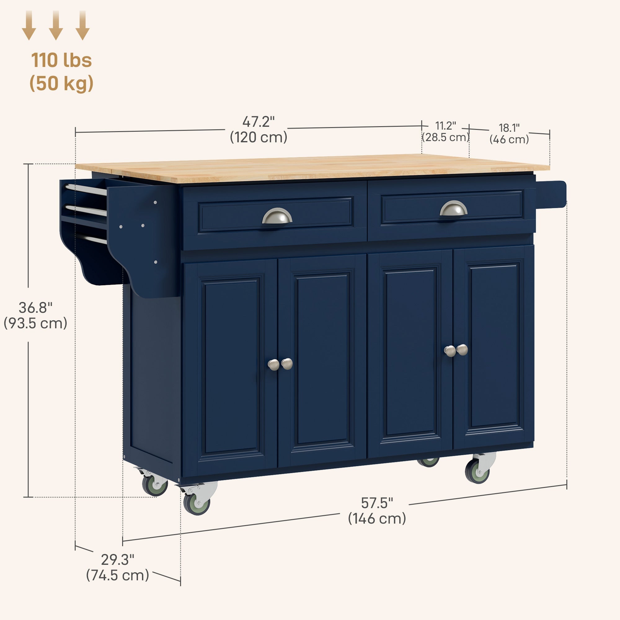 HOMCOM Kitchen Island with Storage, Rolling Kitchen Island with Drop Leaf, Rubber Wood Top and Adjustable Shelves, Navy Blue 