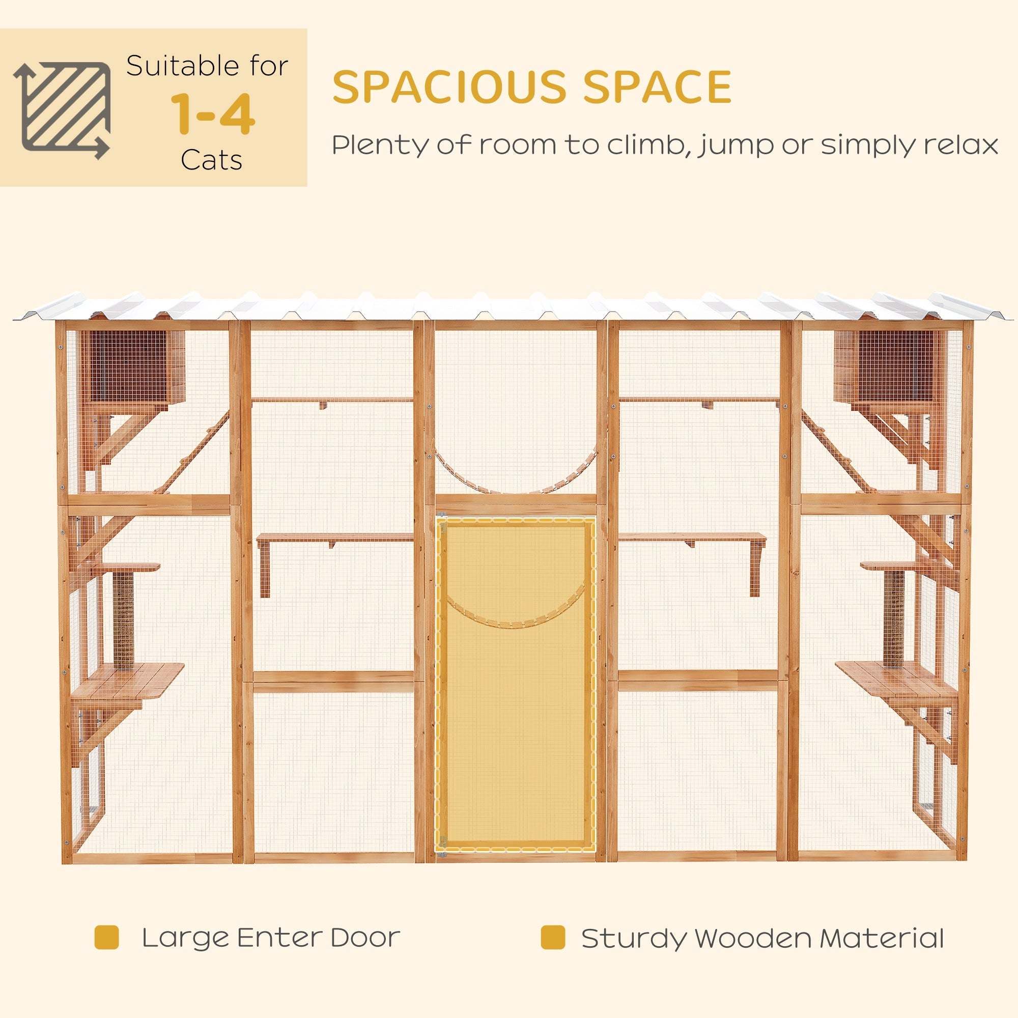 PawHut Expansive Outdoor Catio with Condos Platforms Doors Ladders Weather-Resistant Roof Orange 