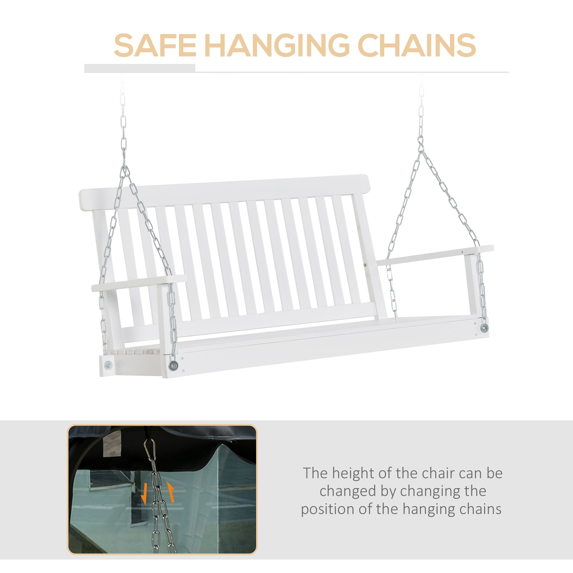 Outsunny Fir Wooden Porch Swing Chair 2-Seater Patio Swing with Slatted Design and Hanging Chains in White 
