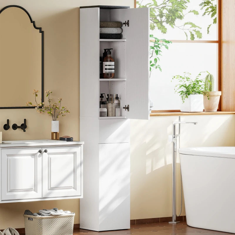 Tall Bathroom Cabinet with 2 Cupboards and Drawer, Slim Bathroom Storage Cabinet with Adjustable Shelves, White