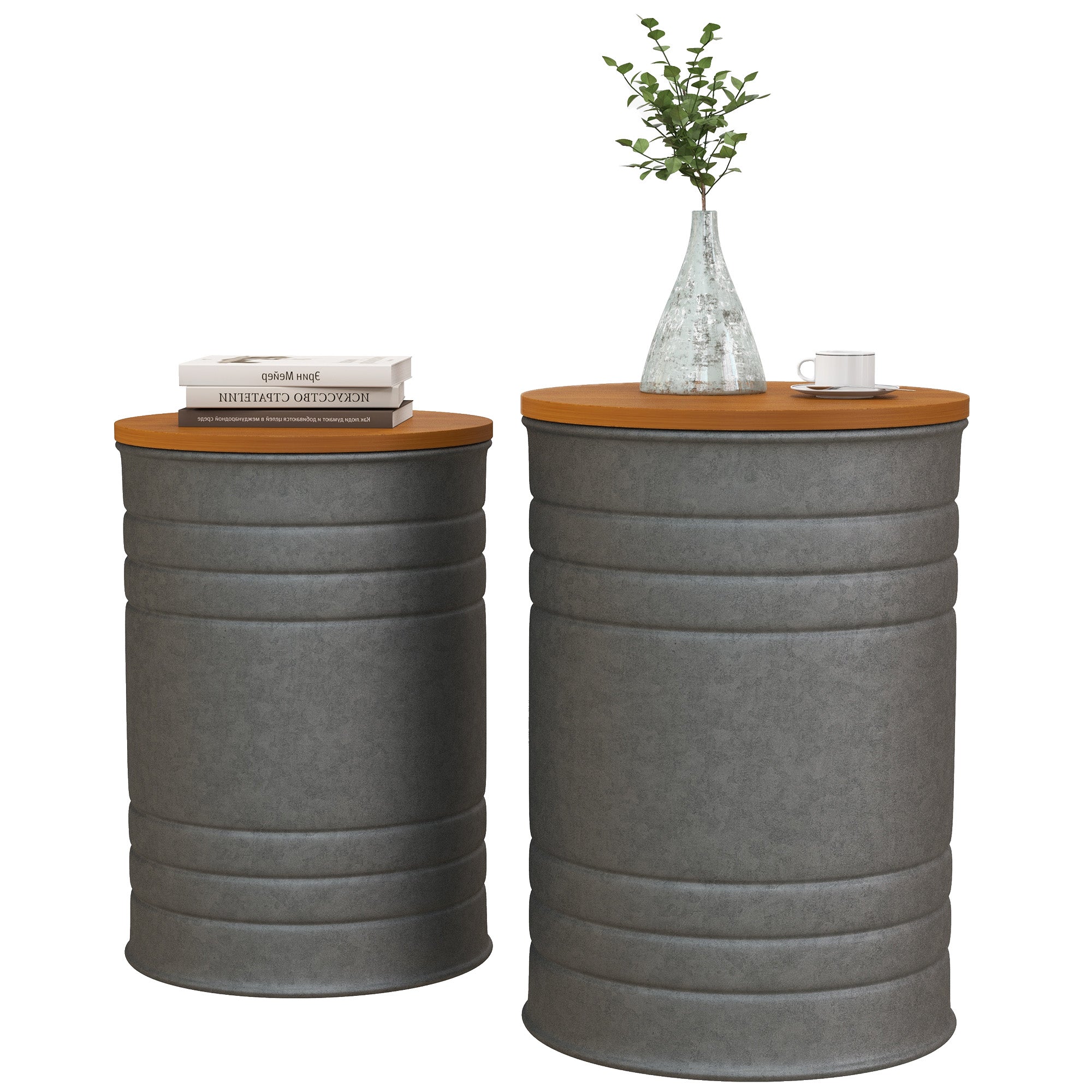 HOMCOM Round Side Table Set of 2, Nesting Coffee Tables w/ Wooden Lid, Galvanized Sheet Frame and Hidden Storage Space, Grey 
