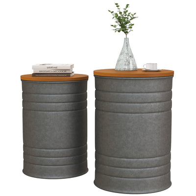 HOMCOM Round Side Table Set of 2, Nesting Coffee Tables w/ Wooden Lid, Galvanized Sheet Frame and Hidden Storage Space, Grey 